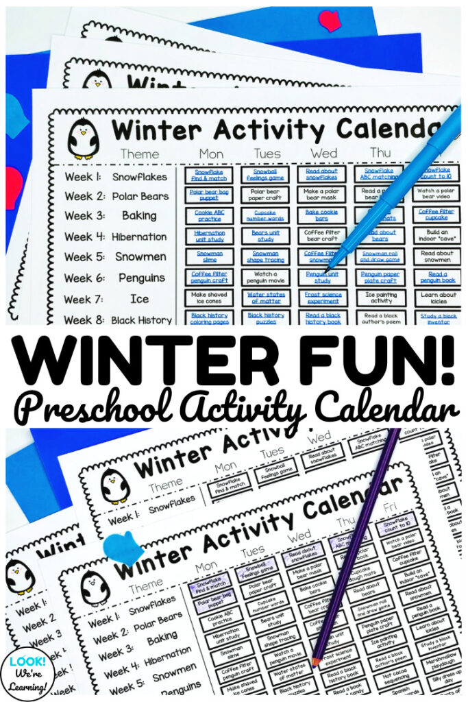 Use this printable preschool winter activity calendar to plan your winter early learning themes!