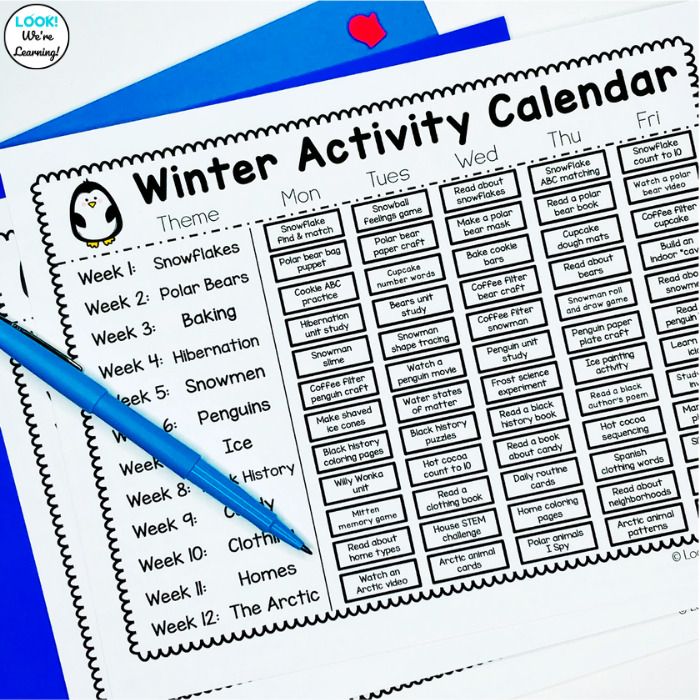 Winter Activity Preschool Calendar