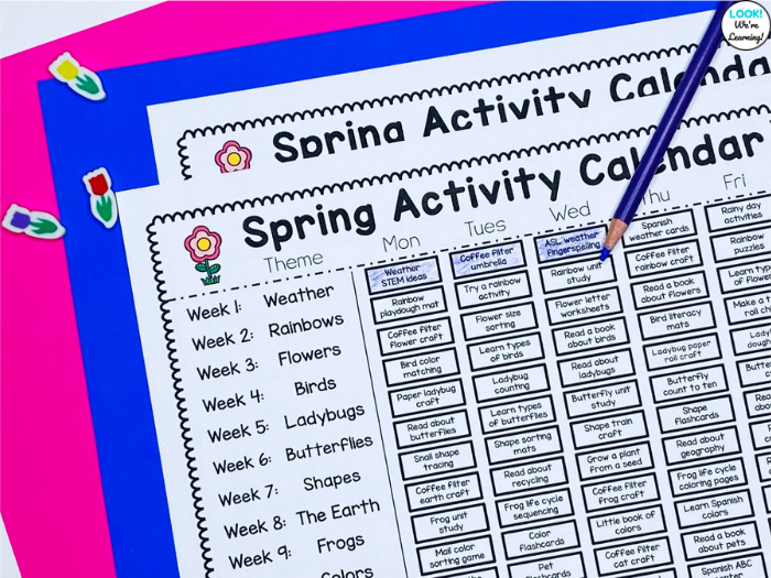Spring Themed Preschool Activity Calendar
