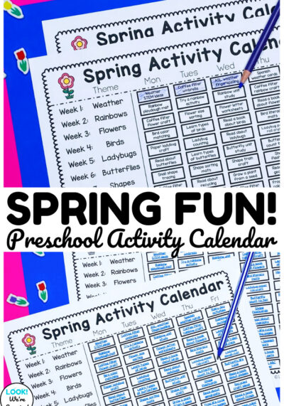 Use this printable preschool spring activity calendar to plan 12 weeks of spring-themed activities for early learners!