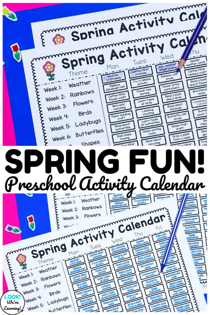 Use this printable preschool spring activity calendar to plan 12 weeks of spring-themed activities for early learners!