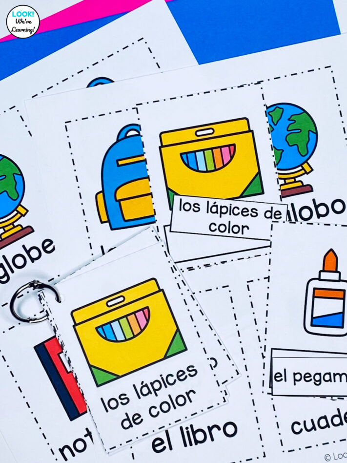 Printable Spanish school word flashcards for kids