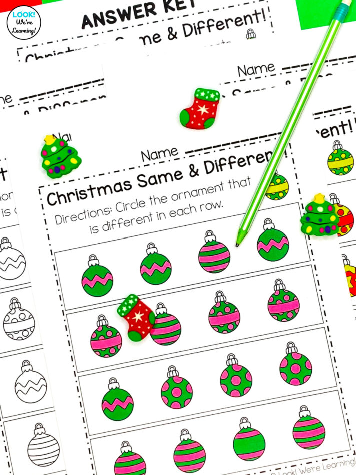 Christmas Themed Same and Different Worksheets for Preschool