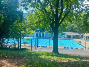 A view of the swimming pool on a college campus
